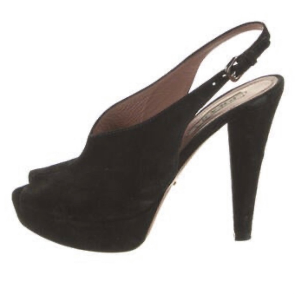 Prada black suede slingback sandals; block heels w/platform; buckle closure